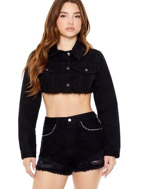Women's Forever 21 Black Cropped Distressed Denim Jacket